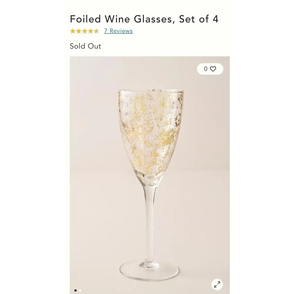 ANTHROPOLOGIE WINE GLASSES SET OF 4 Gold Foiled 9.25” Wine‎ Glasses No 53216743
